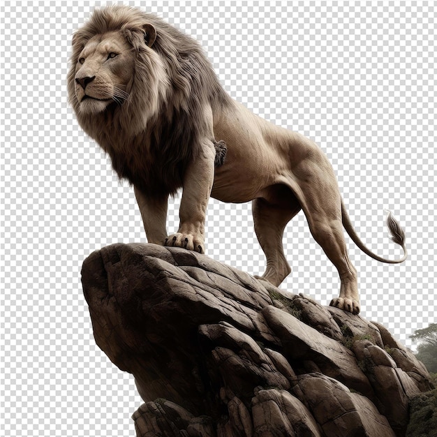 PSD a lion standing on a rock with a background of a tree stump