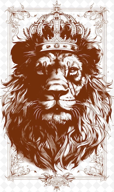 PSD lion wearing a crown with majestic expression portrait poste animals sketch art vector collections