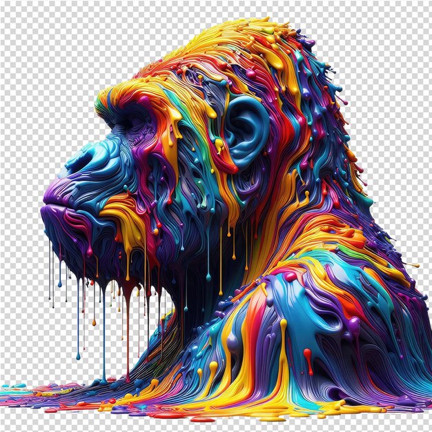 A lion with a large head is covered in colorful liquid