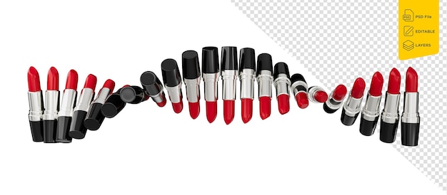 Lipstick row dna shape fashion colorful lipsticks on white background lipsticks 3d illustration