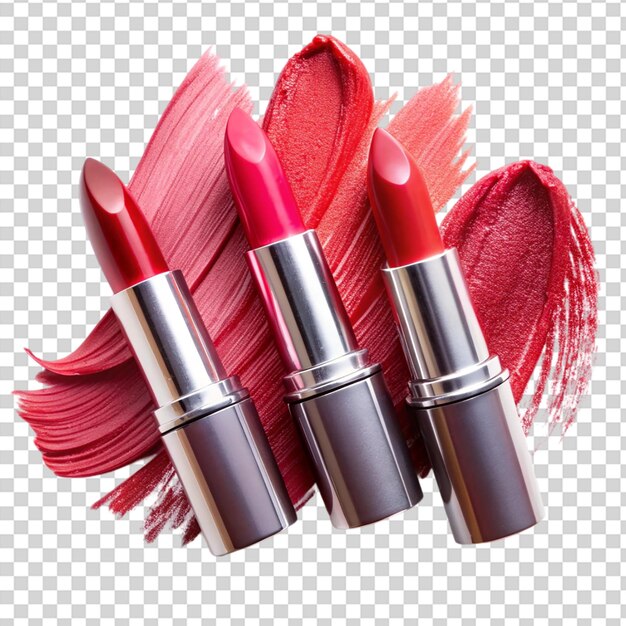 lipsticks in different colors are displayed in front on transparent background