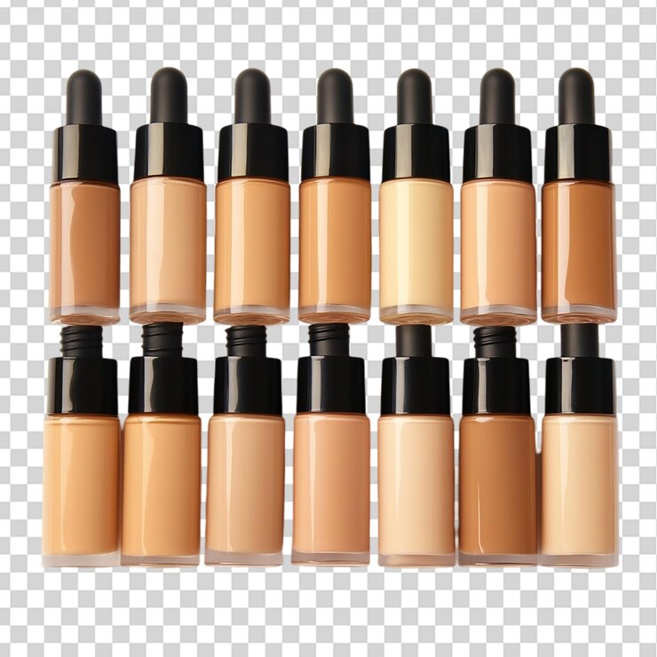 PSD liquid foundation bottles in various skin tones isolated on transparent background