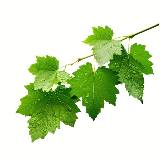 PSD liście winorośli gałąź winorośli z pęcherzami i młodymi liśćmi po deszczu w winnicy zielone liście roślina winorośli lub winorośl z kropelami deszczu izolowanymi na białym tle
