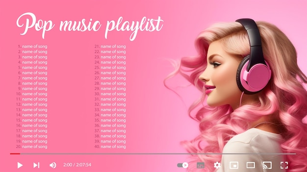 PSD lista odtwarzania na youtube młoda kobieta z różowymi kręconymi włosami w stylu pop