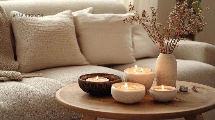 PSD lit candles in bowls and vase on a coffee table in a living room