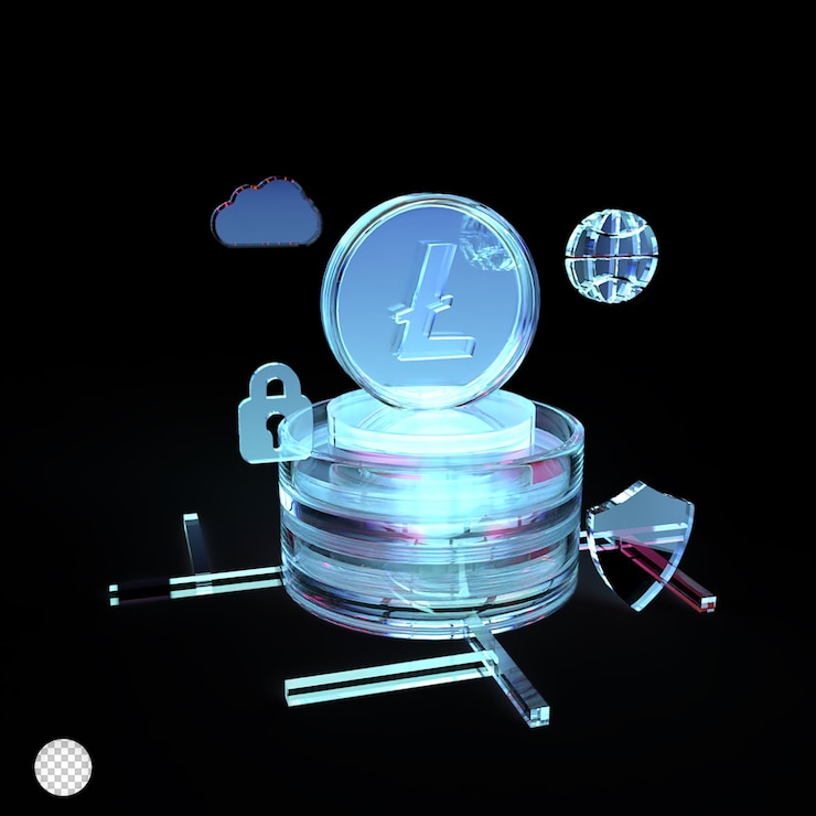 PSD litecoin cryptocurrency-achtergrond met glaseffect, kan worden gebruikt voor 3d-weergave op de bestemmingspagina