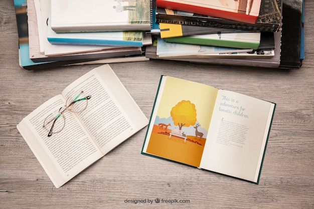 PSD literature mockup with reading glasses