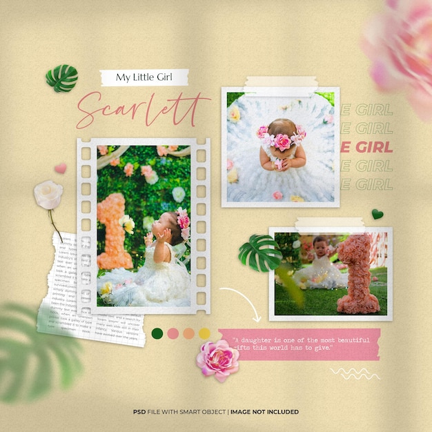 Litte girl photo frame set mockup template