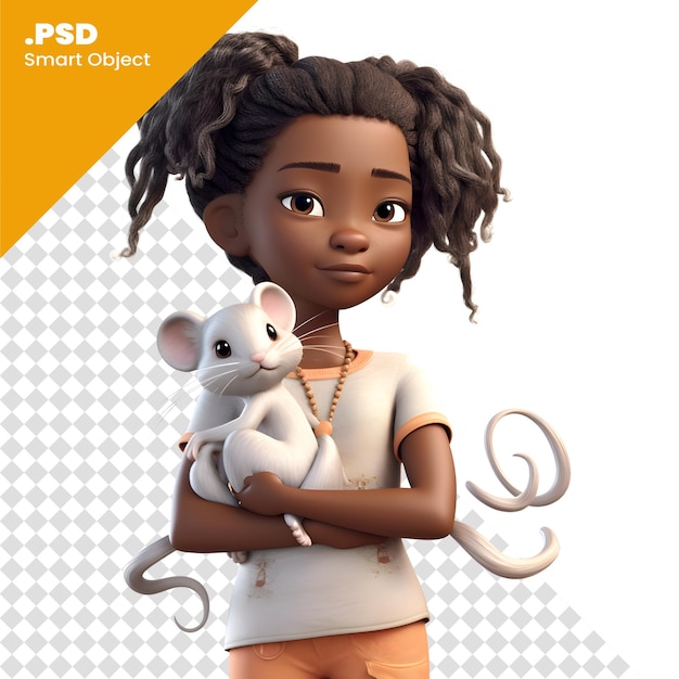 PSD 白いネズミを握っている小さなアフリカ系アメリカ人の女の子 3dレンダリングpsdテンプレート