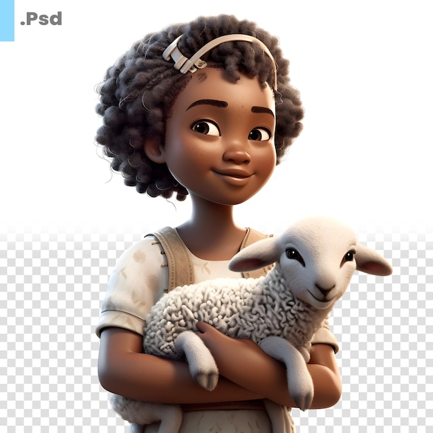PSD Маленькая афроамериканская девочка с овцами, изолированная на белом фоне