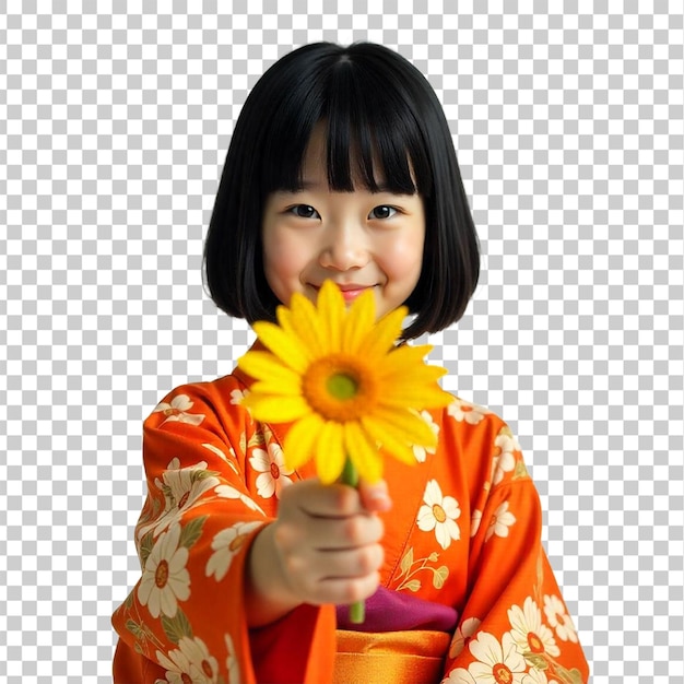 키모노 를 입은 아시아인 이나 일본인 소녀 가 꽃 을 바치는 것