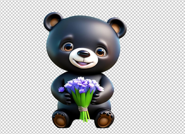 Little bear character holding flower in 3d rendering