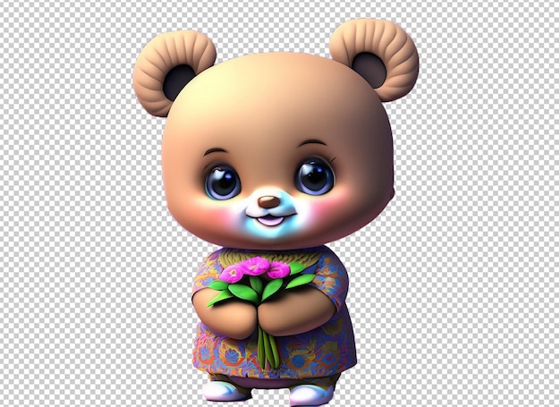 Little bear character holding flower in 3d rendering