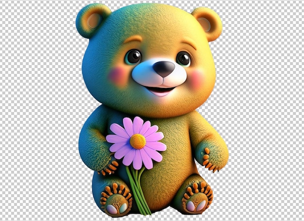 Little bear character holding flower in 3d rendering