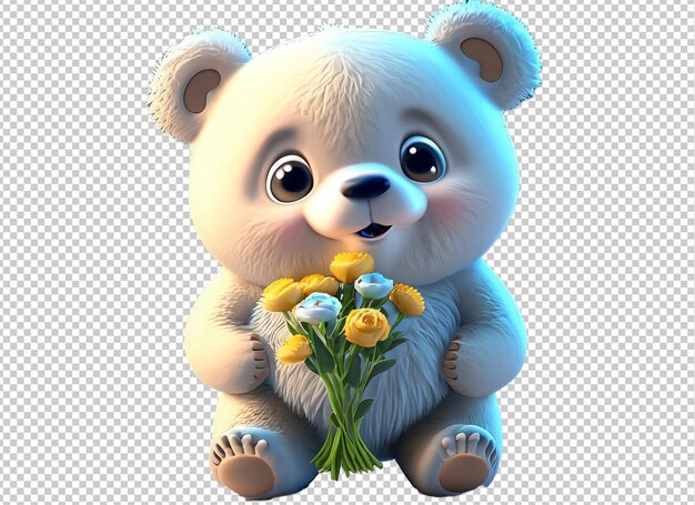 Little bear character holding flower in 3d rendering