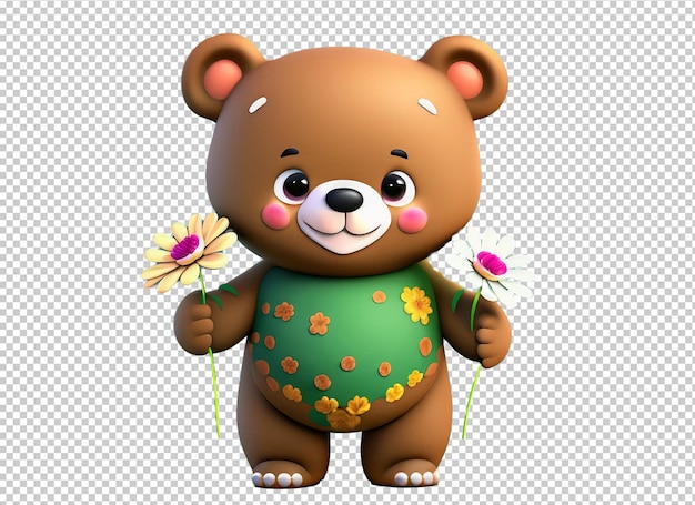 Little bear character holding flower in 3d rendering