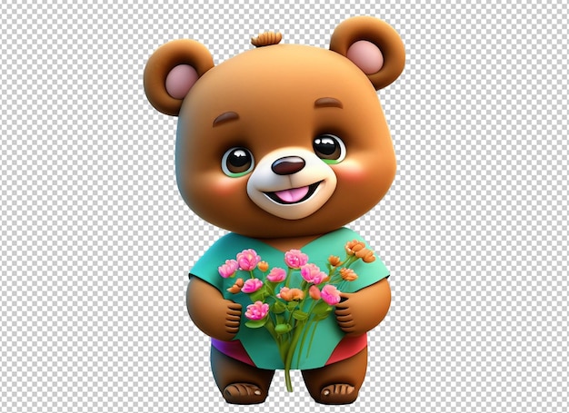 3d レンダリングで花を保持している小さなクマのキャラクター