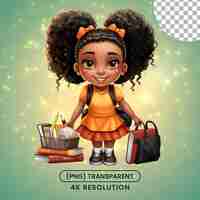 PSD little black school girl with curly hair clipart on a transparent background