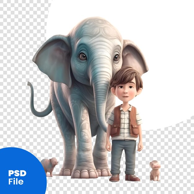 PSD 小さな男の子と象の白い背景の 3 d イラストレーション psd テンプレートに分離