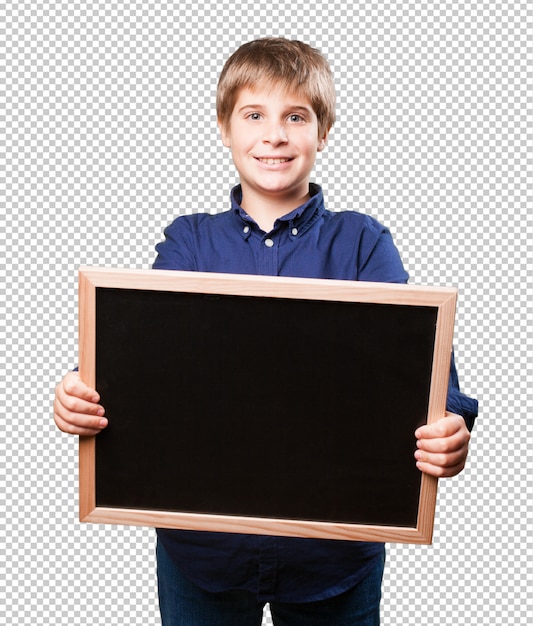 Little boy holding a blackboard