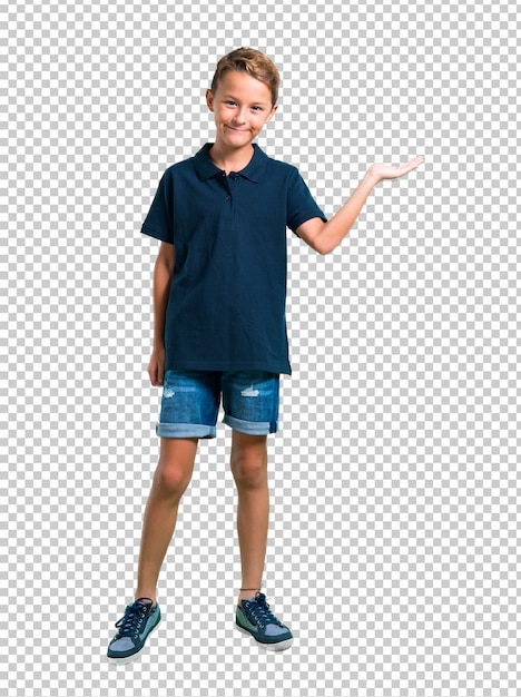 Little boy holding copyspace imaginary on the palm