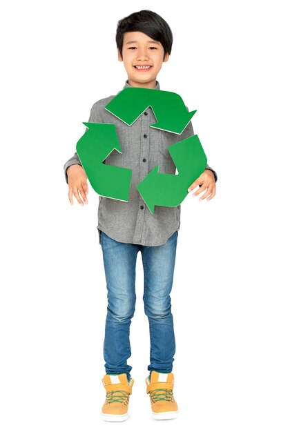 Little Boy Holding Recycle Symbol Studio Portret