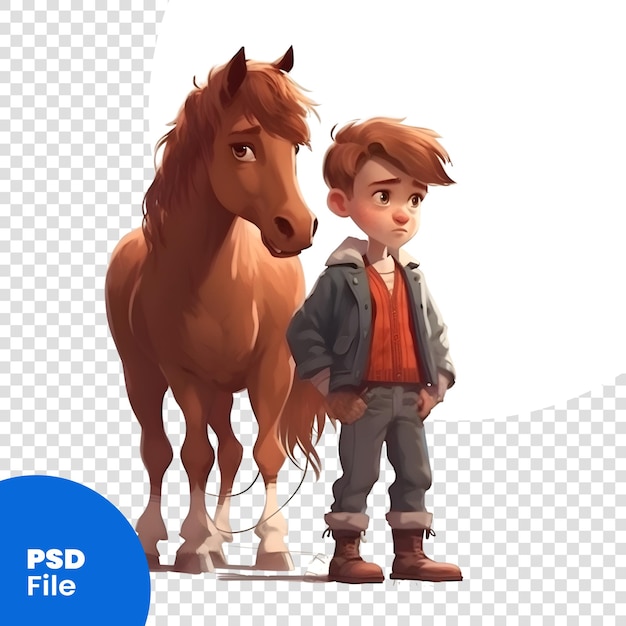 PSD little boy and a horse on a white background 3d rendering psd template