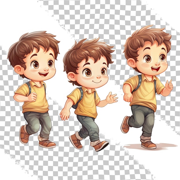 PSD illustrazione di un ragazzino in tre azioni isolato su uno sfondo trasparente