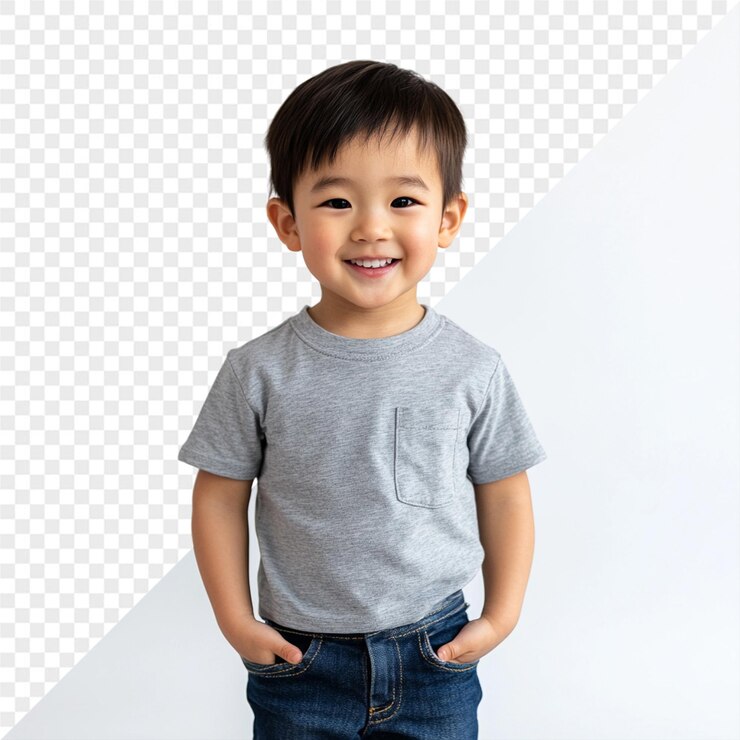 PSD 灰色のシャツを着て青いシャツをかぶった小さな男の子が笑っていると言っています
