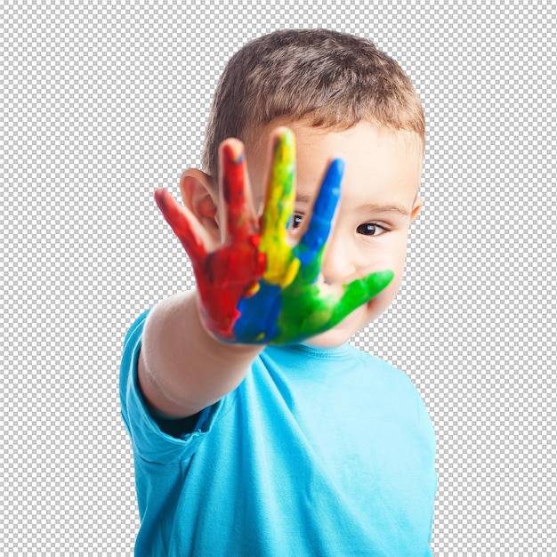 little boy with a hand full of paint covering his face