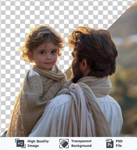 PSD 白いスカーフを着て小さな耳が見えるカメラを見ている茶色のひげとの男性の後ろの視点で父親と一緒にいる小さな男の子