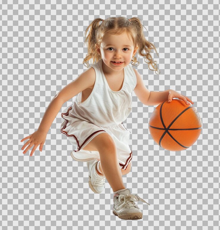 Little caucasian girl playing basketball and doing coming gesture on isolated transparent background