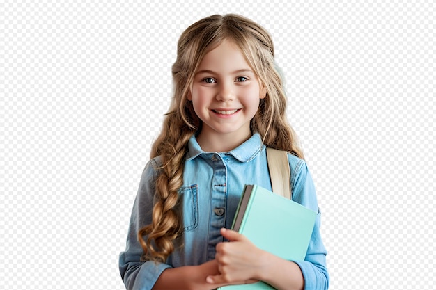 PSD little child girl holding book on transparent