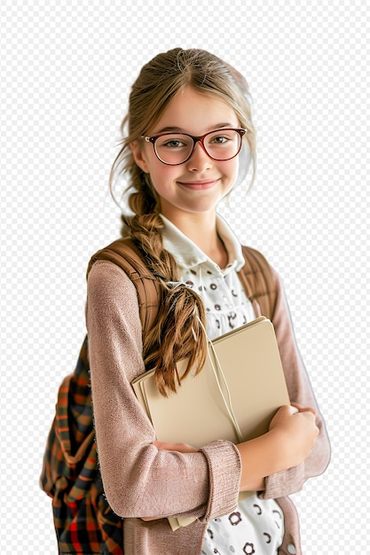 PSD little child girl holding a book on transparent