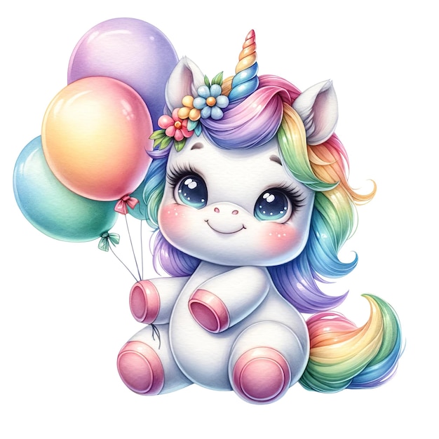 PSD little cute happy unicorn with colorful balloons watercolor illustration fairytale magical unicorn with a rainbow mane