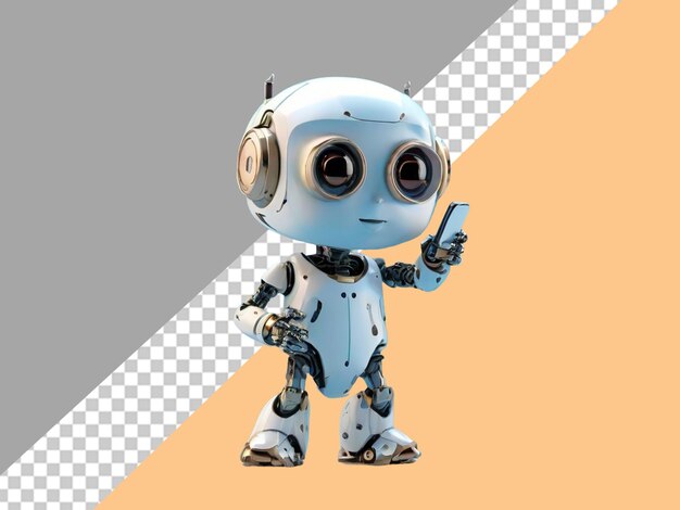 Little cute robot is holding a smartphone