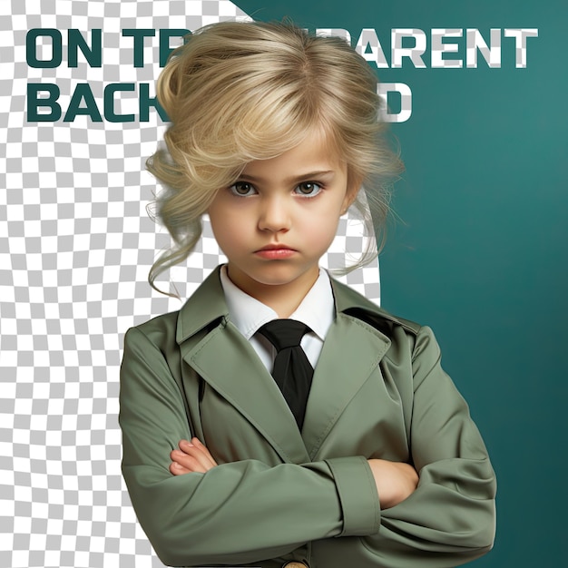 PSD little detective resolute and stylish east asian preschooler with blonde hair and pastel green background