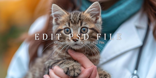 PSD little fluffy kitten in hands of veterinarian doctor in medical white cat with a stethoscope
