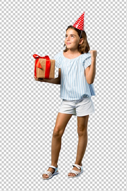 PSD little girl at a birthday party holding a gift celebrating a victory