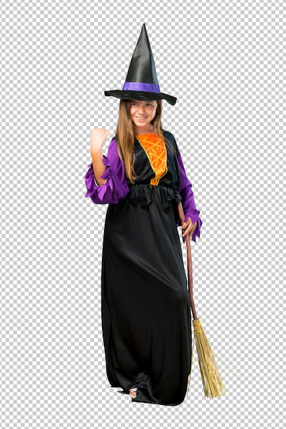 PSD little girl dressed as a witch for halloween holidays celebrating a victory