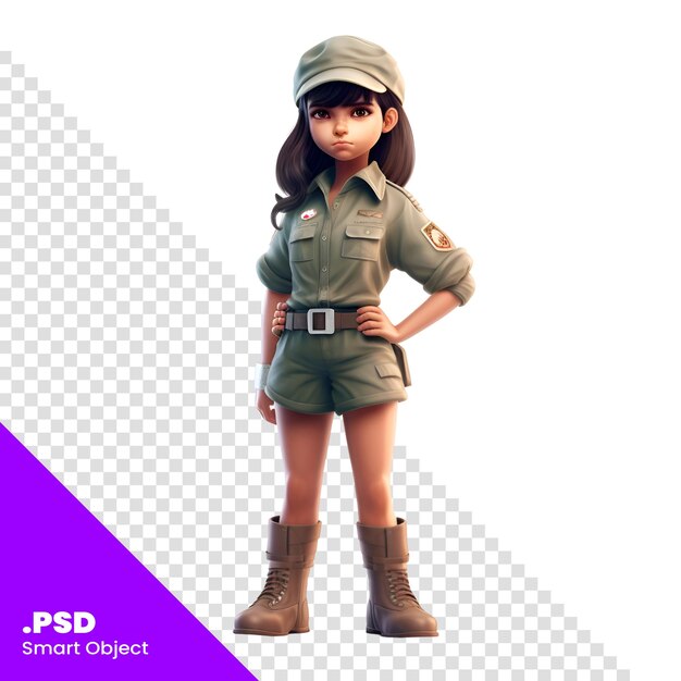 PSD 白い背景の 3 d レンダリング psd テンプレートに分離された軍服を着た少女