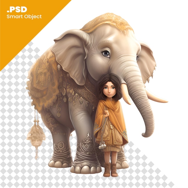 Piccola ragazza e un elefante isolati su sfondo bianco modello psd di illustrazione 3d