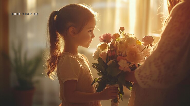 PSD 太陽に照らされた部屋で母に花を贈る小さな女の子