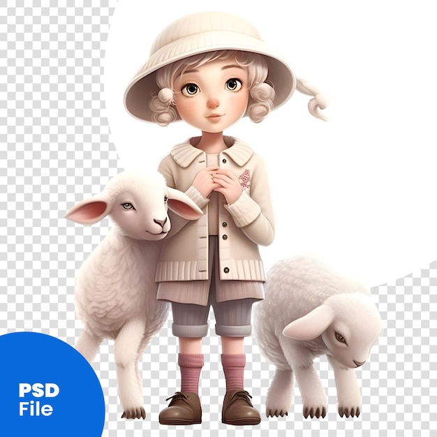 PSD little girl in a hat with a lamb on a white background. psd template