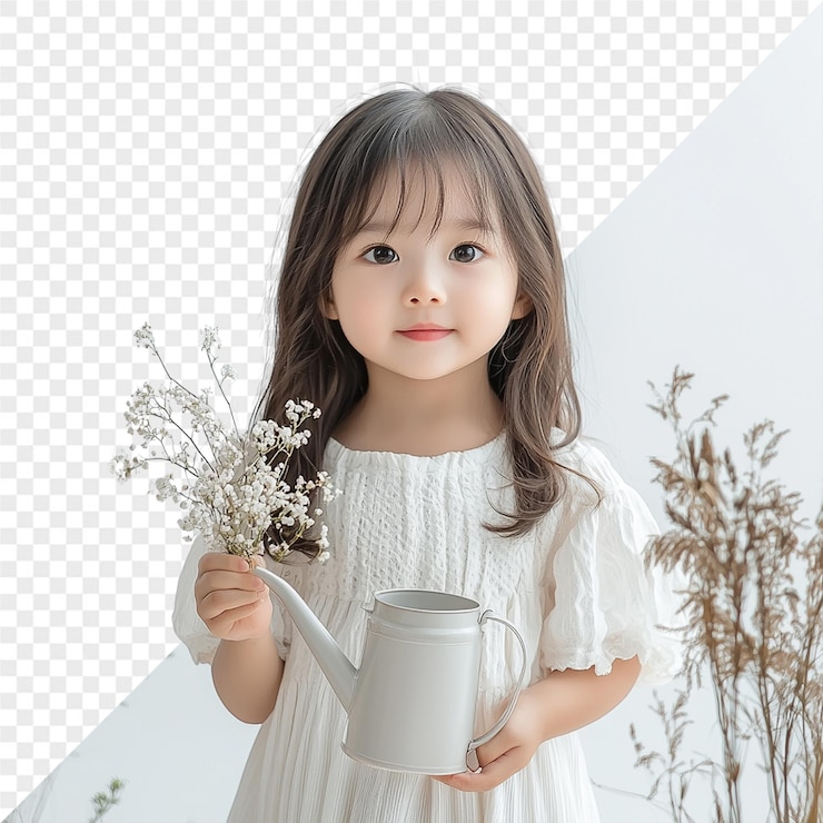 PSD 꽃과 크림을 담은 항아리를 들고 있는 작은 소녀