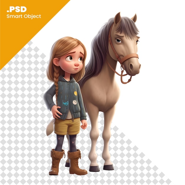 PSD ragazzina e un cavallo su uno sfondo bianco modello psd di rendering 3d