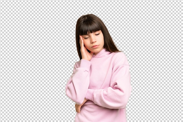 Little girl over isolated green chroma key background with headache