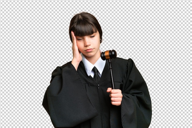 Little girl playing as a Judge over isolated background with headache