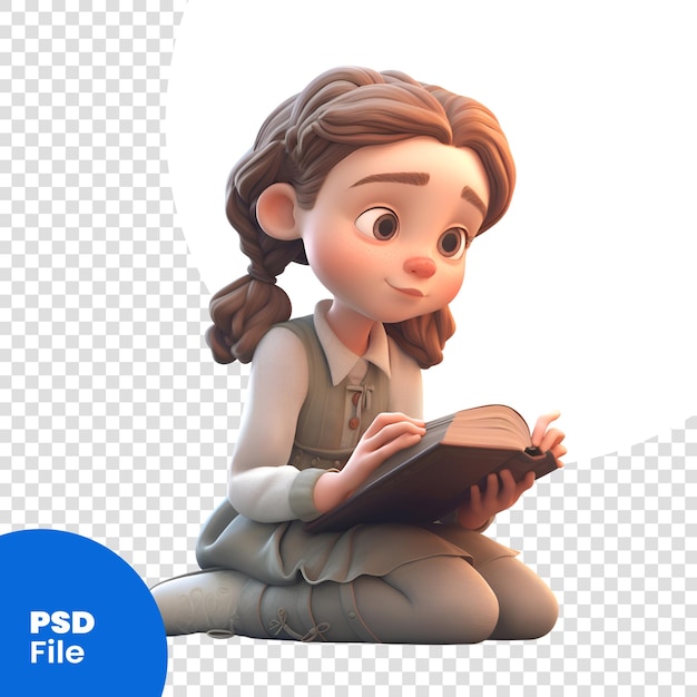 Bambina che legge un libro; rappresentazione 3d. disegno digitale al computer. modello psd