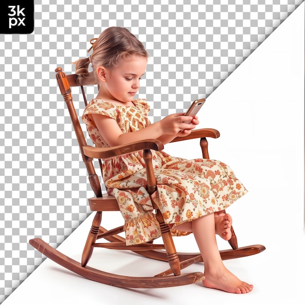 PSD a little girl sits in a rocking chair reading a book